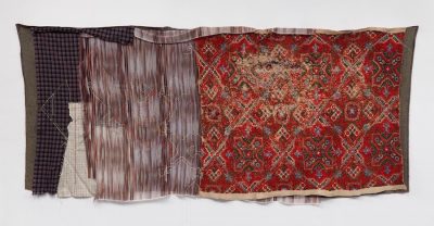Elana Herzog, Untitled 2017 Mixed textiles collected in Noresund, Norway and New York City embroidery floss, sewing needles 59 x 133 inches