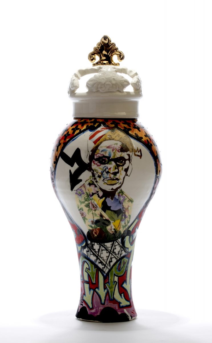 Erykah Badu and Sojourner Truth, 2015, porcelain, luster, china paint, 10x10x27in